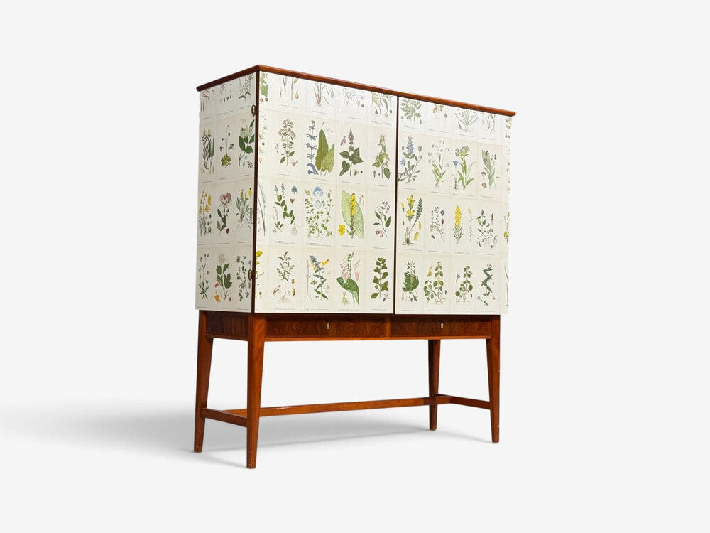 Swedish Modern, Nordens Flora Cabinet, Birch, Floral Lithographs, Sweden, 1940s
