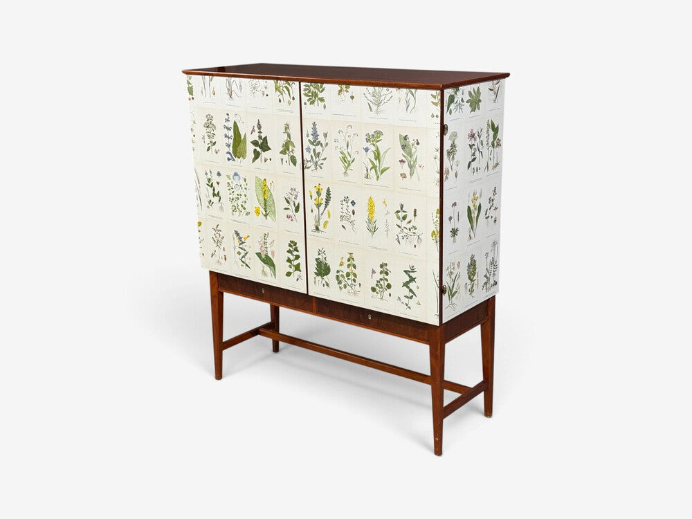 Swedish Modern, Nordens Flora Cabinet, Birch, Floral Lithographs, Sweden, 1940s