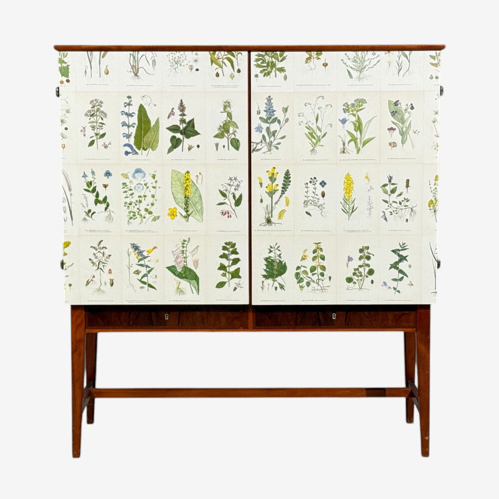 Swedish Modern, Nordens Flora Cabinet, Birch, Floral Lithographs, Sweden, 1940s