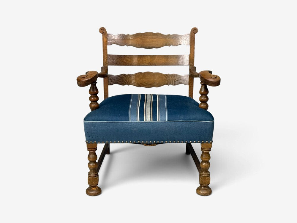 Danish Cabinetmaker, Armchair, Wool, Carved Oak, Denmark, 1920s