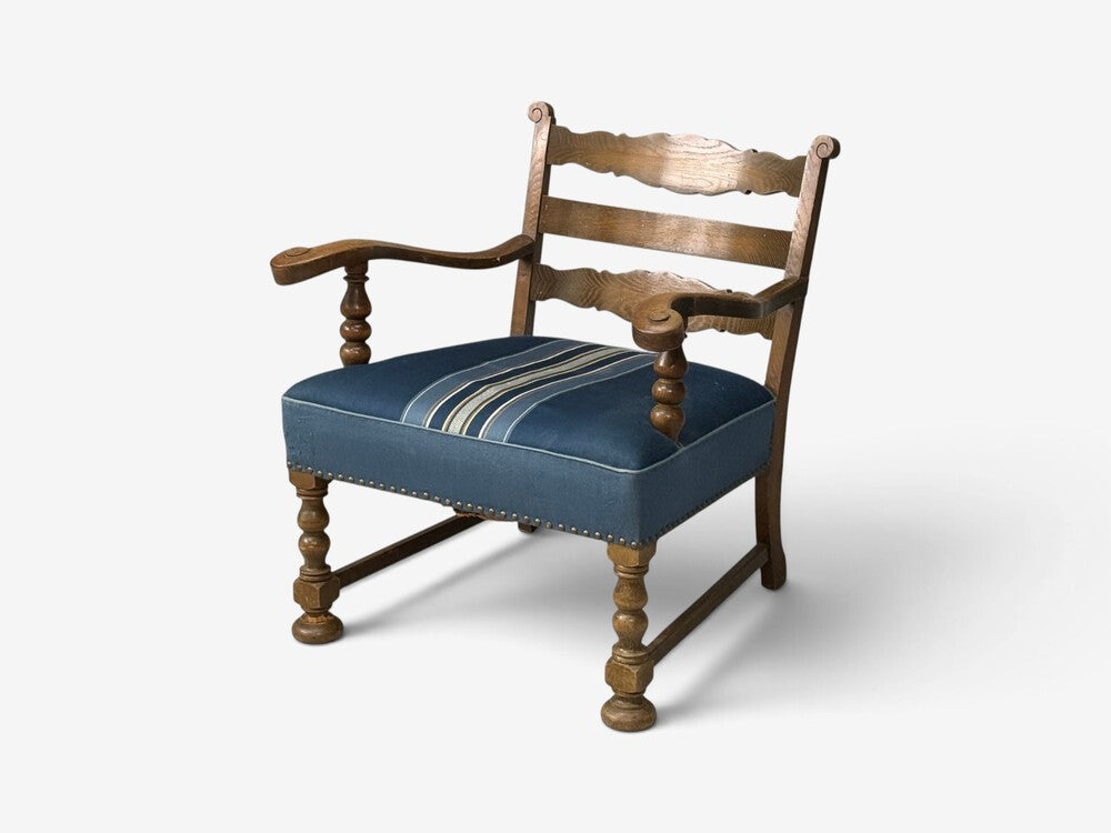 Danish Cabinetmaker, Armchair, Wool, Carved Oak, Denmark, 1920s