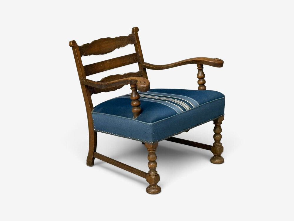 Danish Cabinetmaker, Armchair, Wool, Carved Oak, Denmark, 1920s