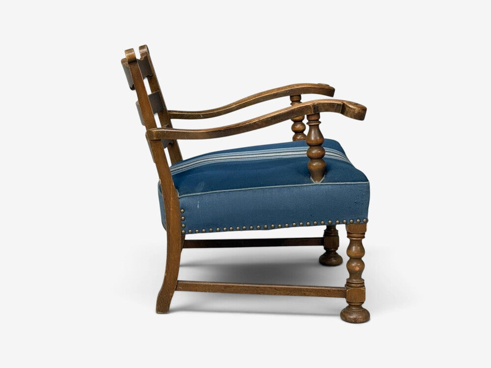 Danish Cabinetmaker, Armchair, Wool, Carved Oak, Denmark, 1920s