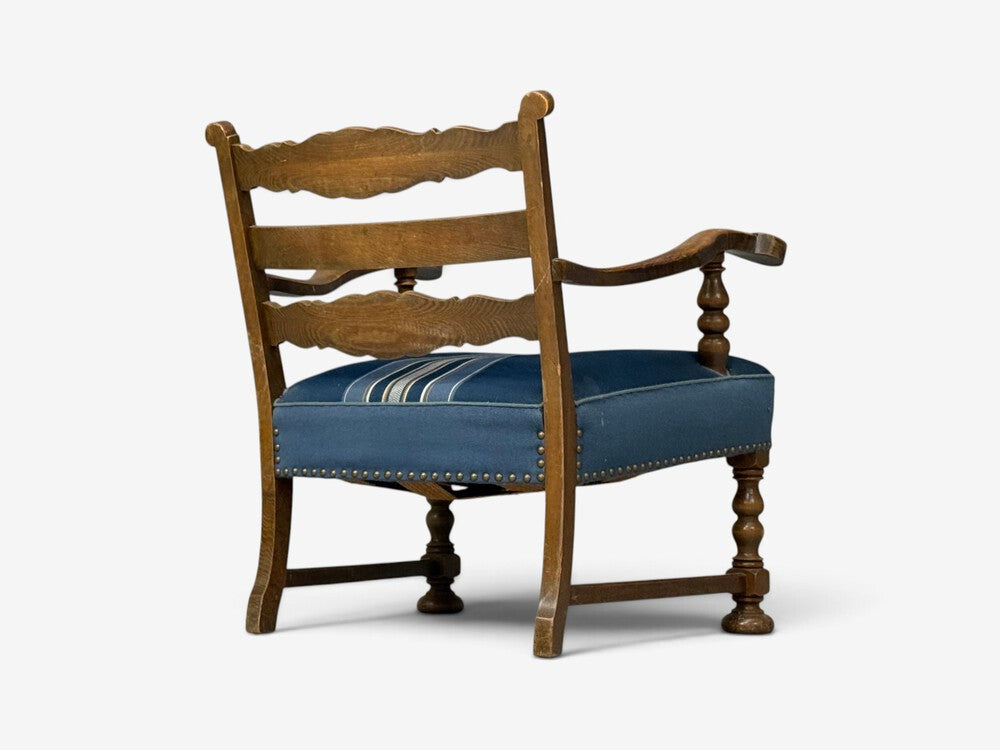 Danish Cabinetmaker, Armchair, Wool, Carved Oak, Denmark, 1920s