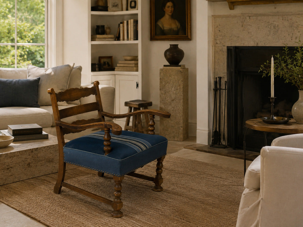 Danish Cabinetmaker, Armchair, Wool, Carved Oak, Denmark, 1920s
