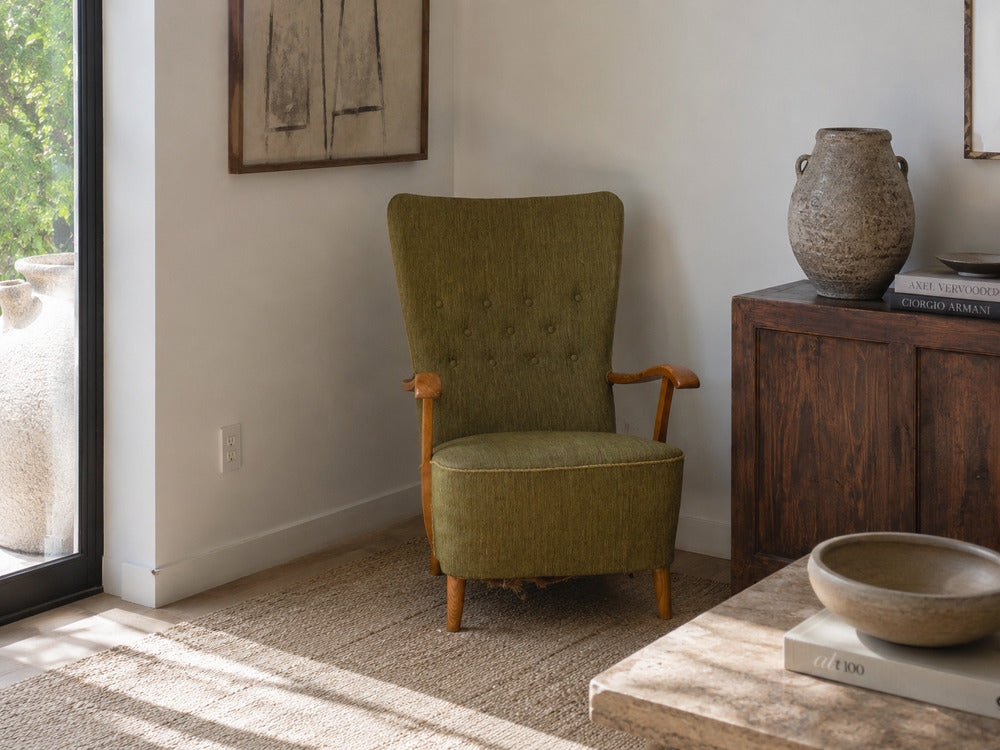 Danish Modern, Highback Lounge Chair, Elm, Wool, Denmark, 1950s
