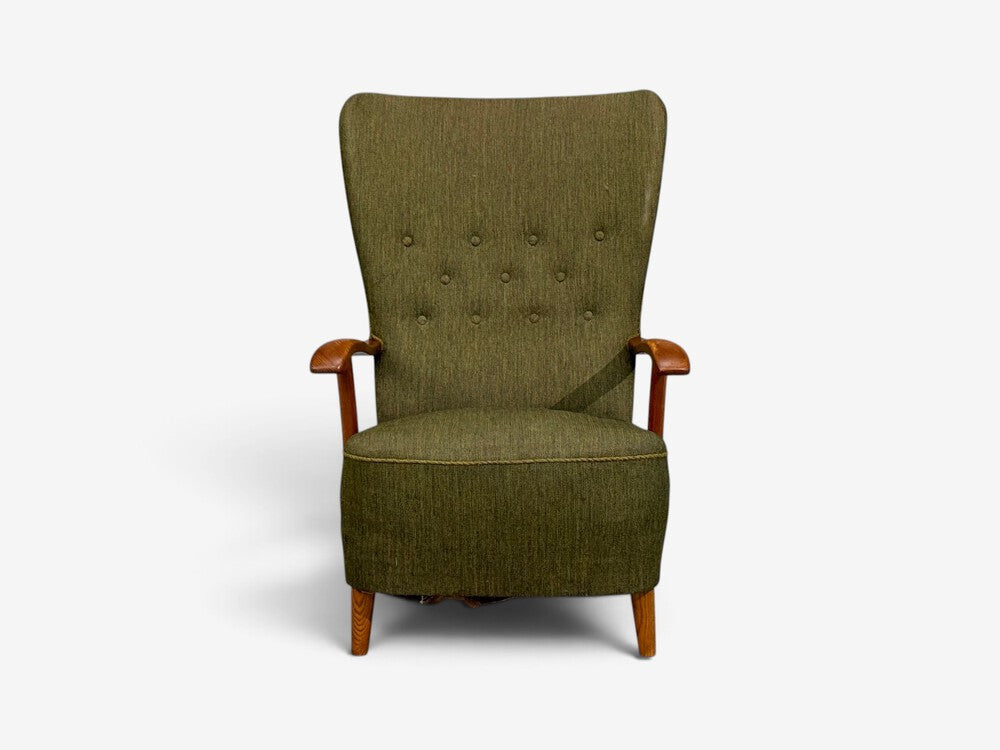Danish Modern, Highback Lounge Chair, Elm, Wool, Denmark, 1950s