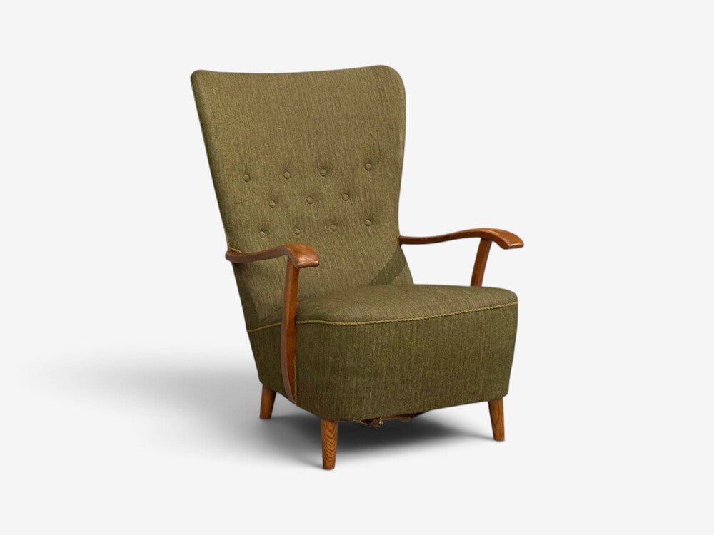 Danish Modern, Highback Lounge Chair, Elm, Wool, Denmark, 1950s
