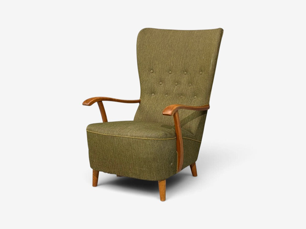 Danish Modern, Highback Lounge Chair, Elm, Wool, Denmark, 1950s