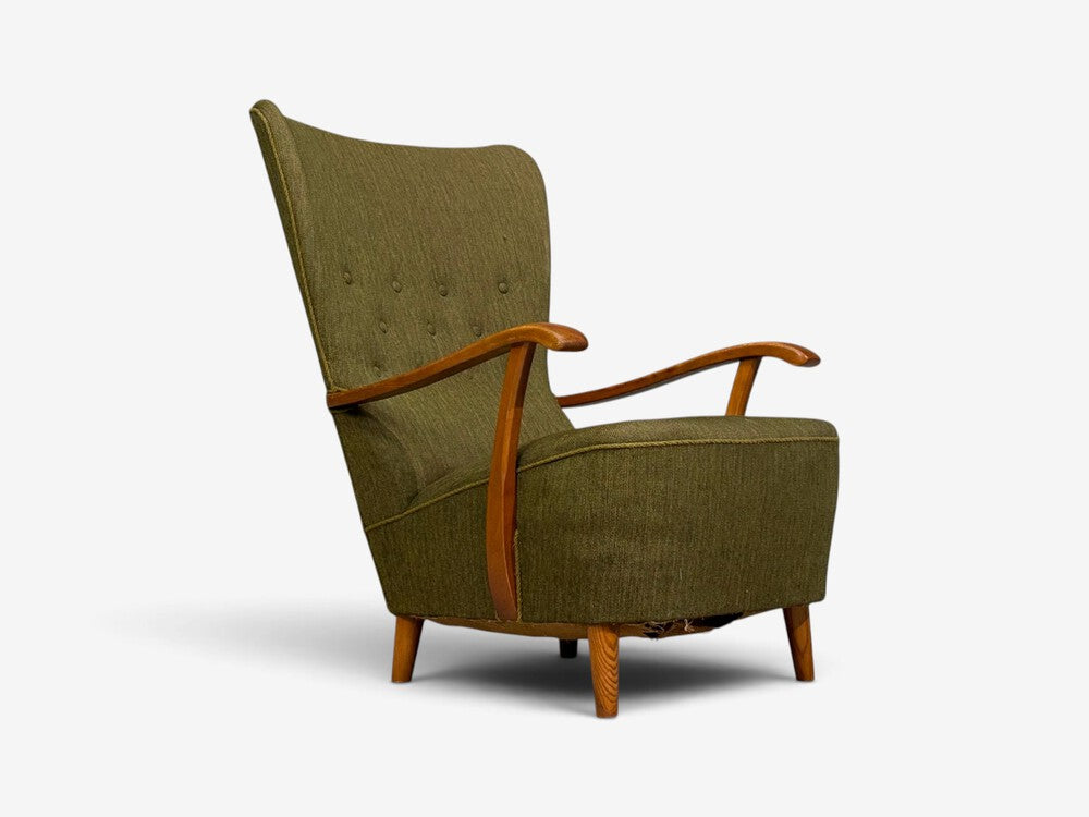Danish Modern, Highback Lounge Chair, Elm, Wool, Denmark, 1950s