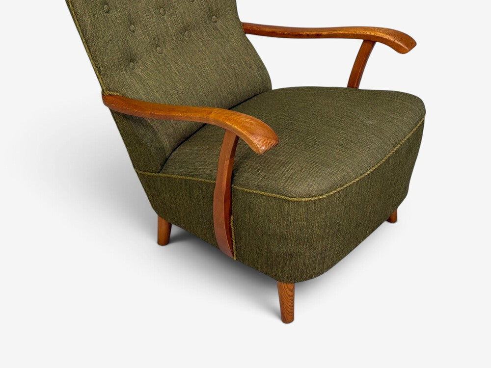 Danish Modern, Highback Lounge Chair, Elm, Wool, Denmark, 1950s