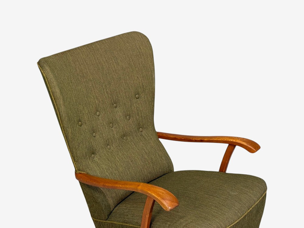Danish Modern, Highback Lounge Chair, Elm, Wool, Denmark, 1950s