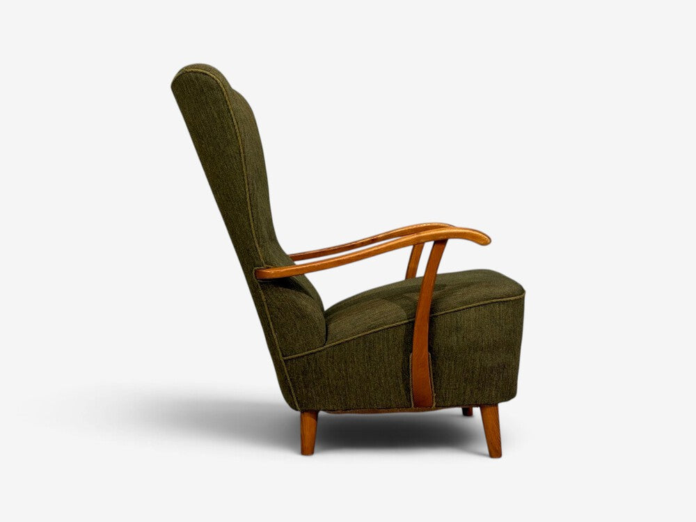 Danish Modern, Highback Lounge Chair, Elm, Wool, Denmark, 1950s