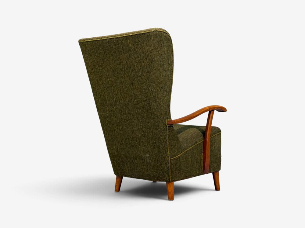 Danish Modern, Highback Lounge Chair, Elm, Wool, Denmark, 1950s