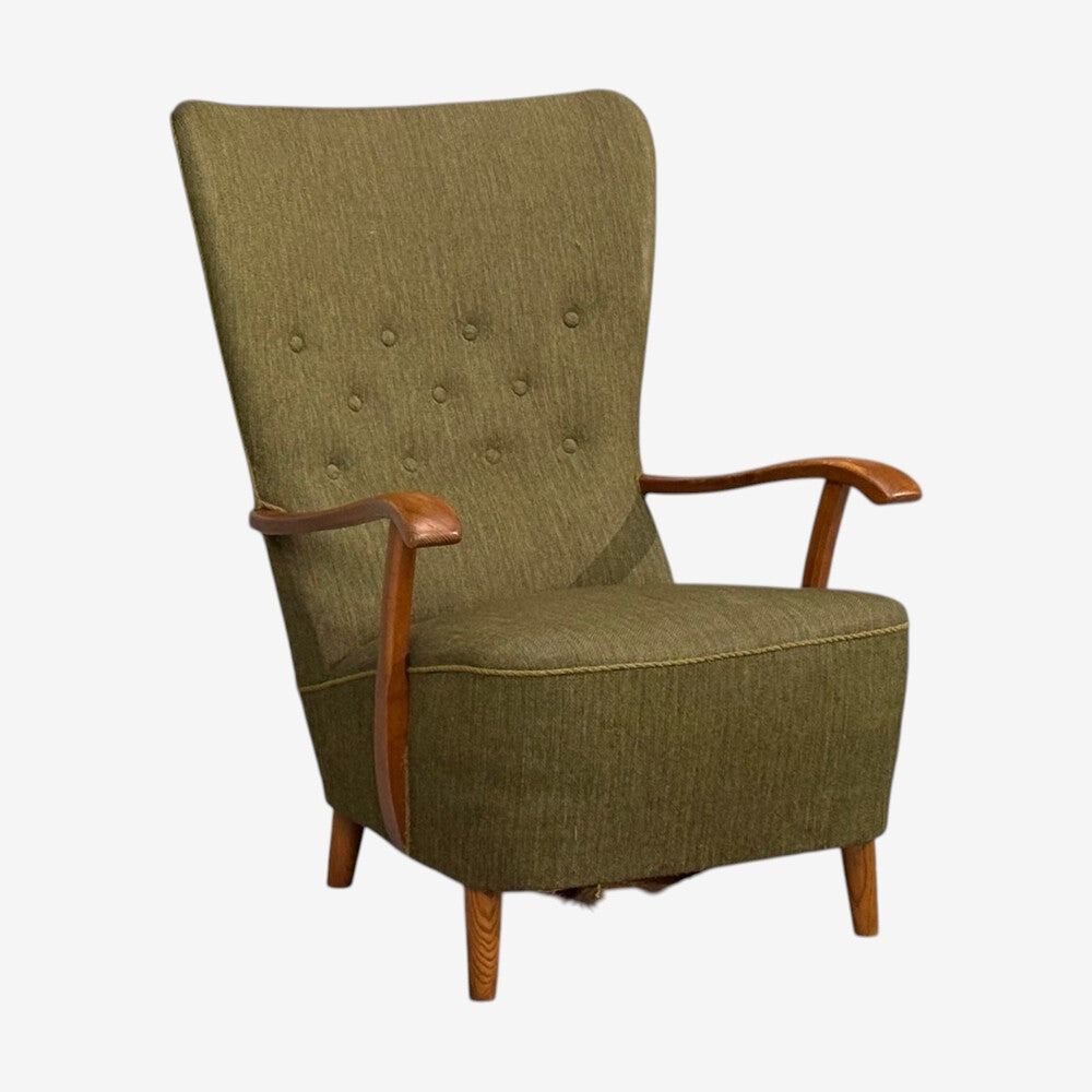 Danish Modern, Highback Lounge Chair, Elm, Wool, Denmark, 1950s