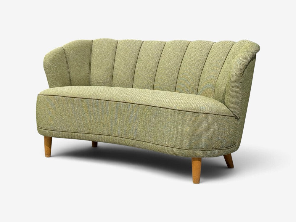Asko, Sofa, Green Fabric, Lacquered Wood, Finland, 1950s