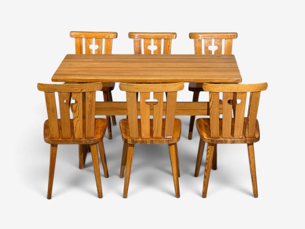 Göran Malmvall, Dining Table and Six Chairs, Pine, Sweden, 1970s