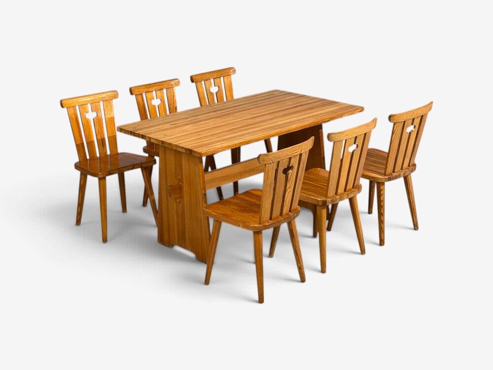 Göran Malmvall, Dining Table and Six Chairs, Pine, Sweden, 1970s