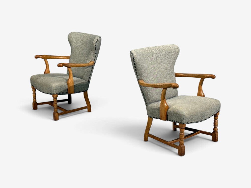 Danish Cabinetmaker, Armchairs, Oak, Gray Wool, Denmark, 1950s