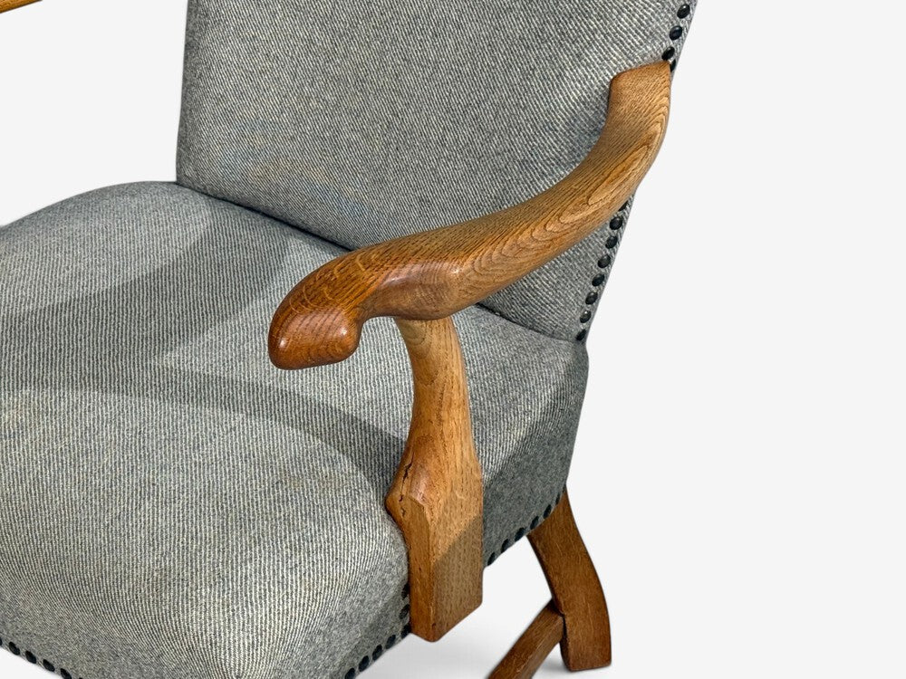 Danish Cabinetmaker, Armchairs, Oak, Gray Wool, Denmark, 1950s