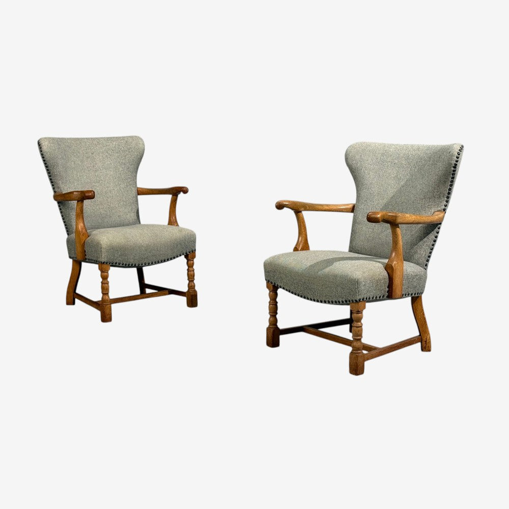 Danish Cabinetmaker, Armchairs, Oak, Gray Wool, Denmark, 1950s