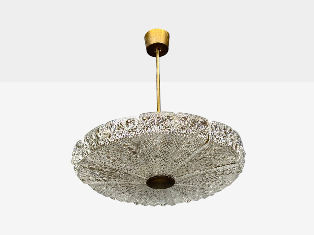 Carl Fagerlund, Pendant Light, Textured Glass, Brass, Sweden, 1960s