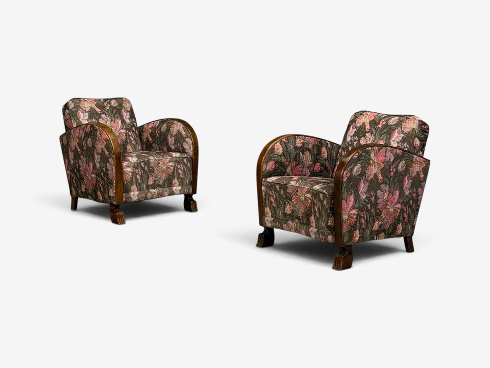 Swedish Modern, Art Deco Lounge Chairs, Stained Birch, Fabric, Sweden, 1940s