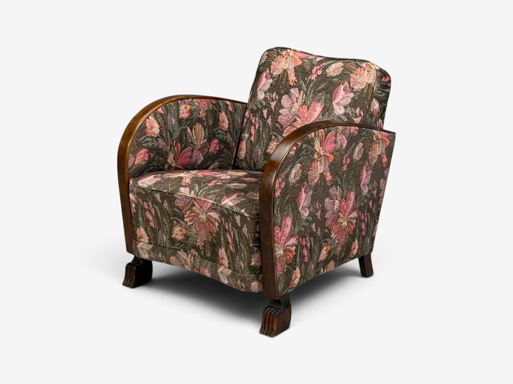 Swedish Modern, Art Deco Lounge Chairs, Stained Birch, Fabric, Sweden, 1940s