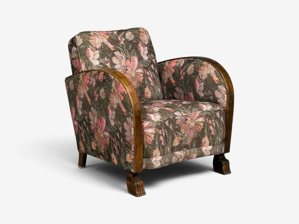 Swedish Modern, Art Deco Lounge Chairs, Stained Birch, Fabric, Sweden, 1940s