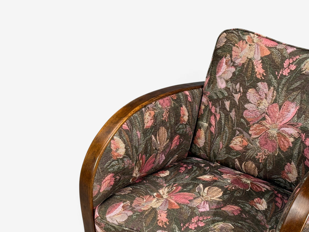 Swedish Modern, Art Deco Lounge Chairs, Stained Birch, Fabric, Sweden, 1940s