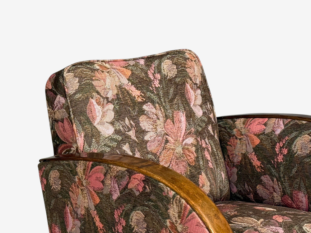 Swedish Modern, Art Deco Lounge Chairs, Stained Birch, Fabric, Sweden, 1940s