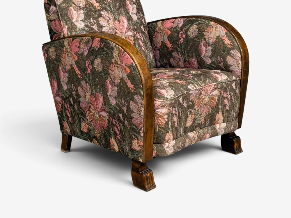 Swedish Modern, Art Deco Lounge Chairs, Stained Birch, Fabric, Sweden, 1940s