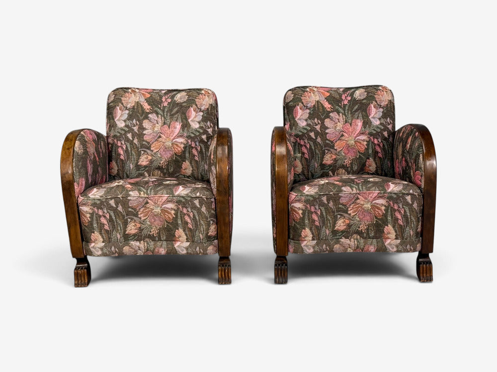 Swedish Modern, Art Deco Lounge Chairs, Stained Birch, Fabric, Sweden, 1940s