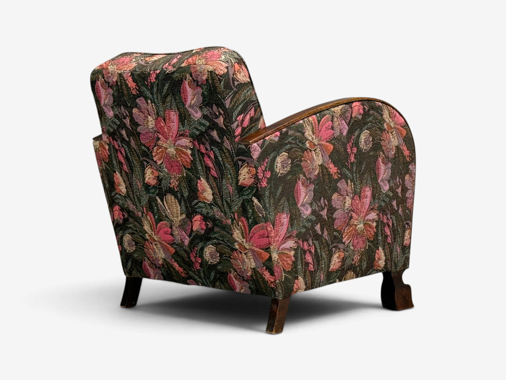 Swedish Modern, Art Deco Lounge Chairs, Stained Birch, Fabric, Sweden, 1940s