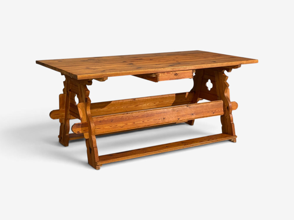 Swedish Modern, Trestle Dining Table, Carved Pine, Sweden, 1950s