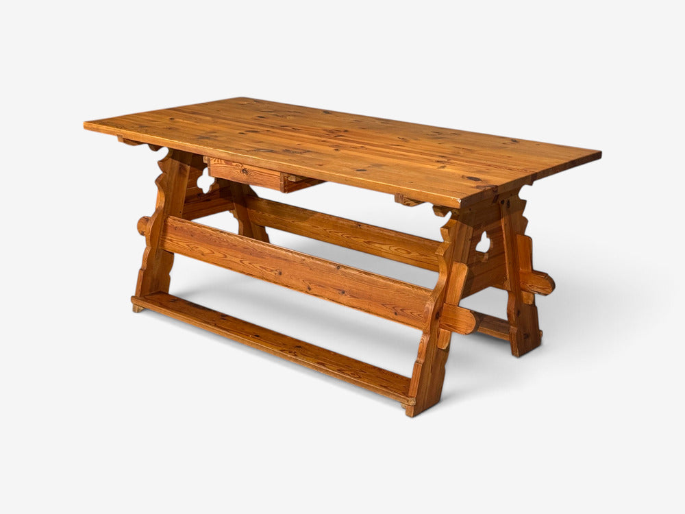 Swedish Modern, Trestle Dining Table, Carved Pine, Sweden, 1950s