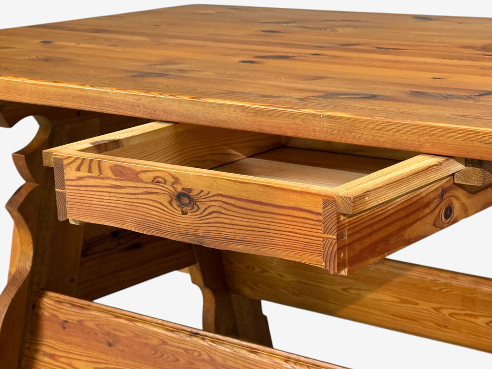 Swedish Modern, Trestle Dining Table, Carved Pine, Sweden, 1950s