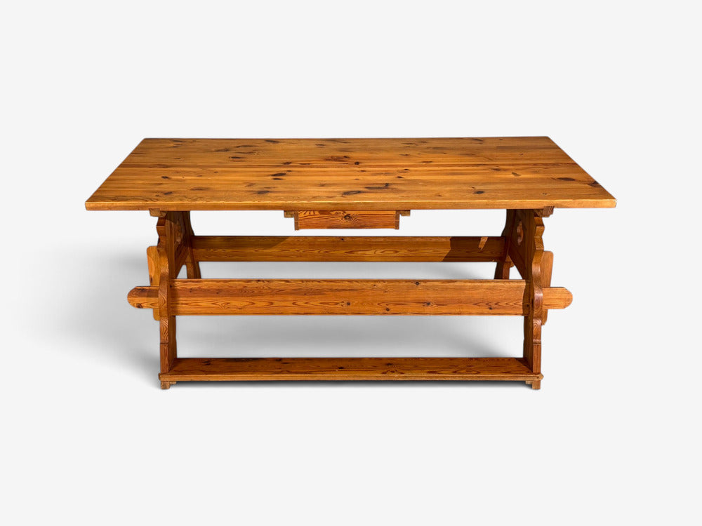 Swedish Modern, Trestle Dining Table, Carved Pine, Sweden, 1950s