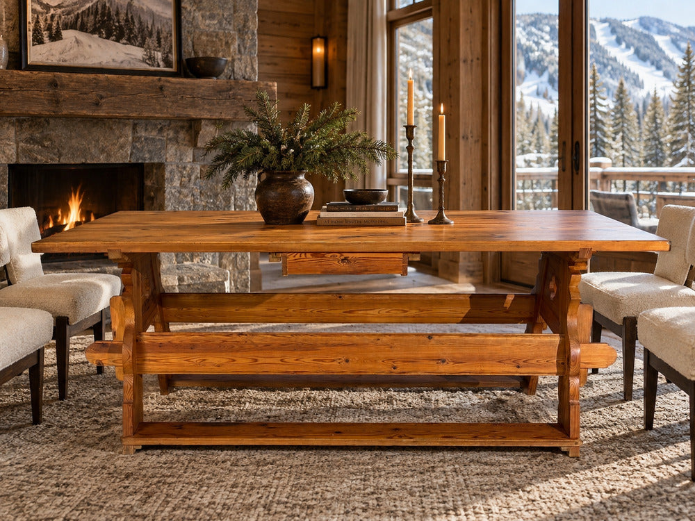 Swedish Modern, Trestle Dining Table, Carved Pine, Sweden, 1950s