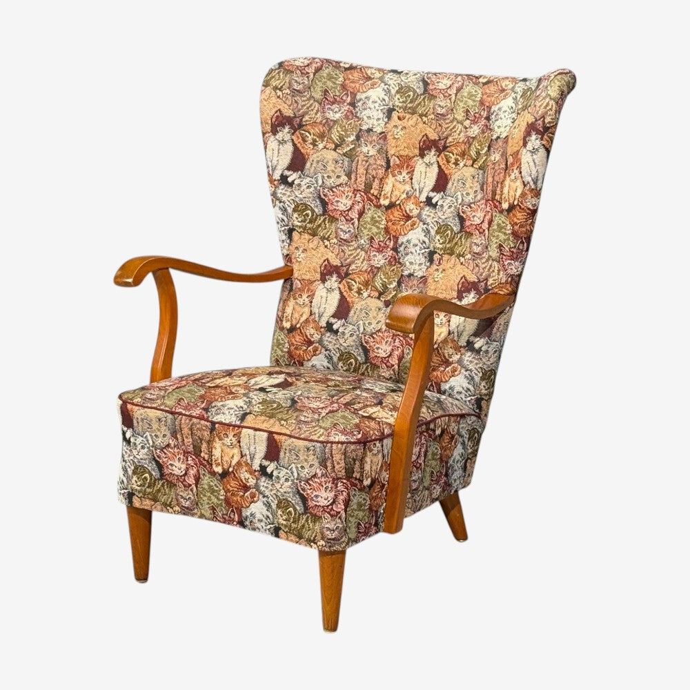 Swedish Modern, Wingback Lounge Chair, Birch, Fabric, Sweden, 1950s