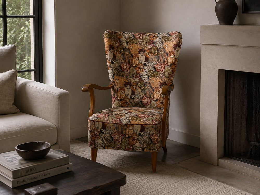 Swedish Modern, Wingback Lounge Chair, Birch, Fabric, Sweden, 1950s
