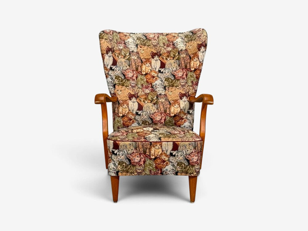 Swedish Modern, Wingback Lounge Chair, Birch, Fabric, Sweden, 1950s