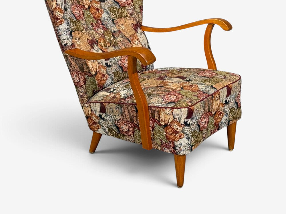 Swedish Modern, Wingback Lounge Chair, Birch, Fabric, Sweden, 1950s