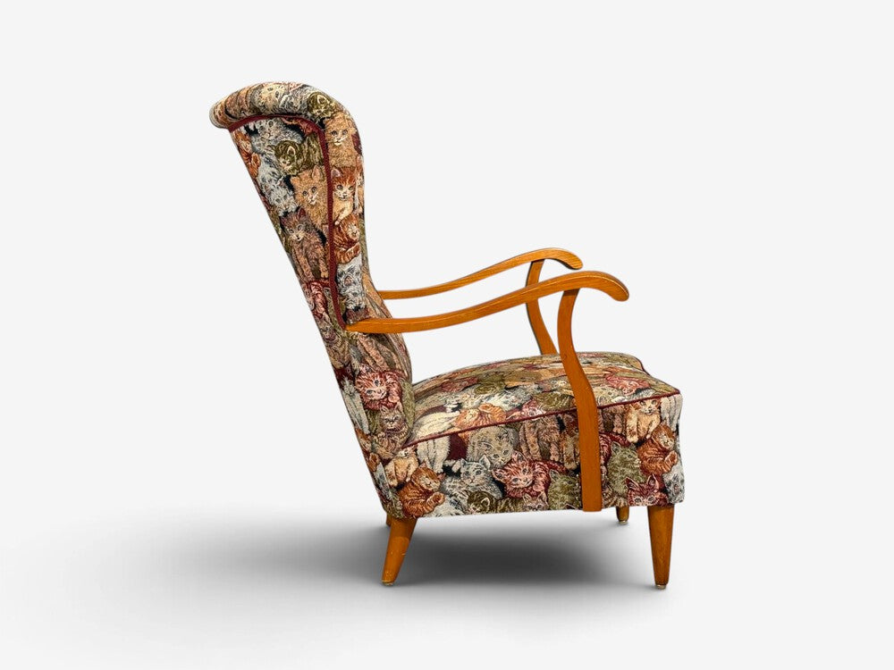 Swedish Modern, Wingback Lounge Chair, Birch, Fabric, Sweden, 1950s