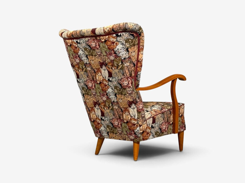 Swedish Modern, Wingback Lounge Chair, Birch, Fabric, Sweden, 1950s