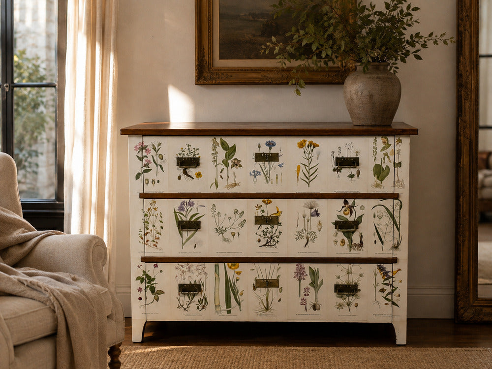 Swedish Modern, Nordens Flora Dresser, Brass, Floral Lithographs, Sweden, 1930s