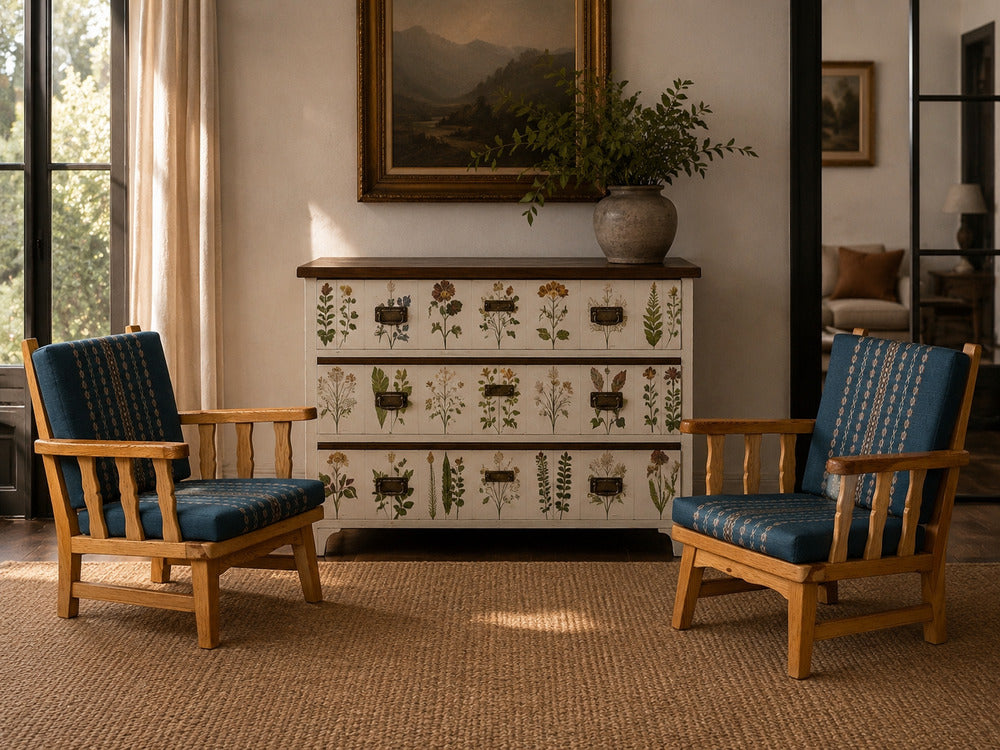 Krogenes Møbler, Lounge Chairs, Pine, Blue Fabric, Norway, 1970s