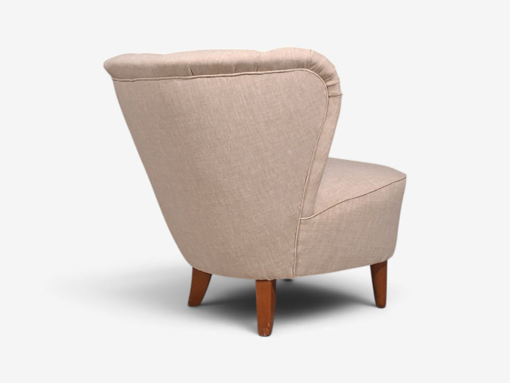 Carl-Johan Boman, Lounge Chairs, Beige Linen, Wood, Finland, 1950s
