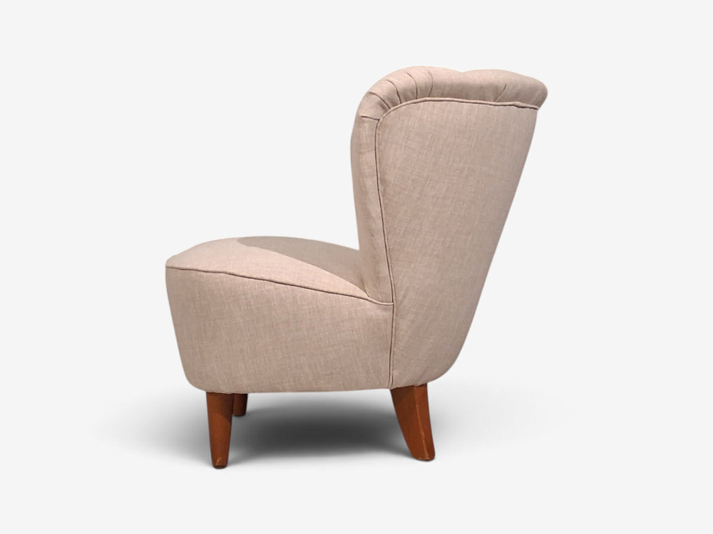 Carl-Johan Boman, Lounge Chairs, Beige Linen, Wood, Finland, 1950s