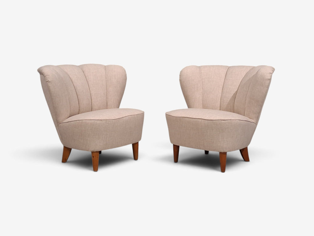 Carl-Johan Boman, Lounge Chairs, Beige Linen, Wood, Finland, 1950s